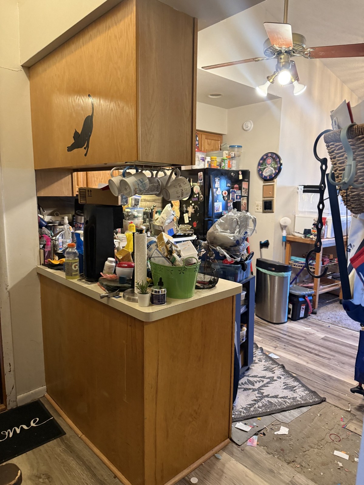 Crowded kitchen and living area before decluttering