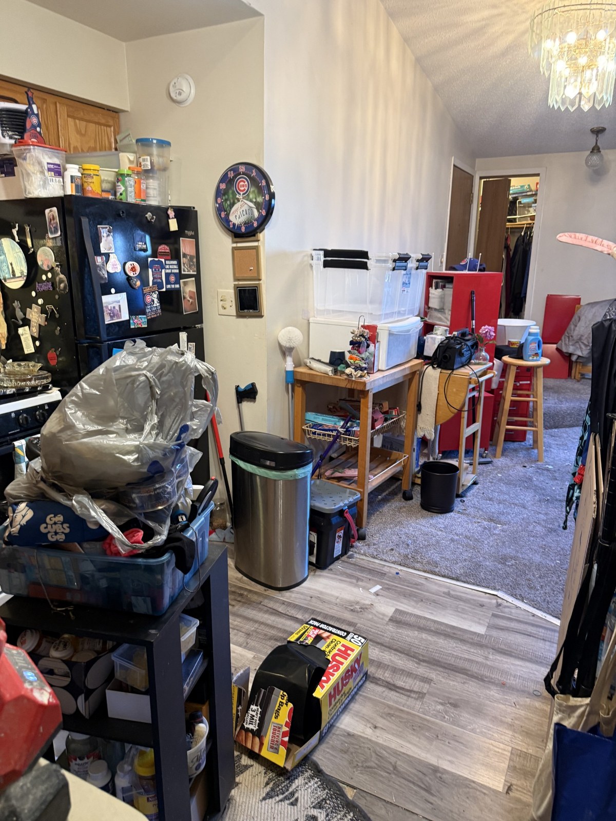 Kitchen and adjoining room after significant clutter removal