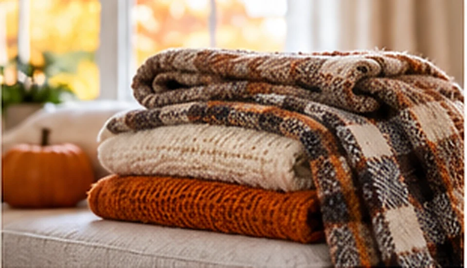 Clean warm autumn throw blankets neatly folded beside a window
