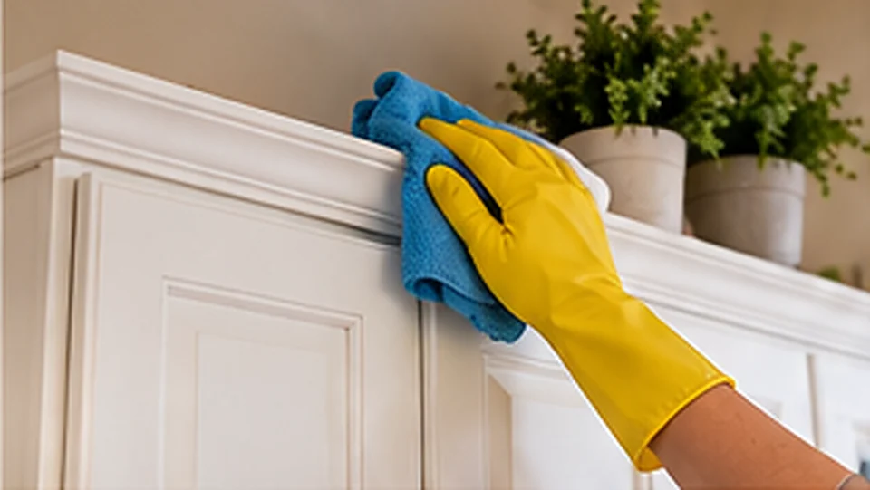 Gloved hand wiping the top of kitchen cabinets with a microfiber cloth