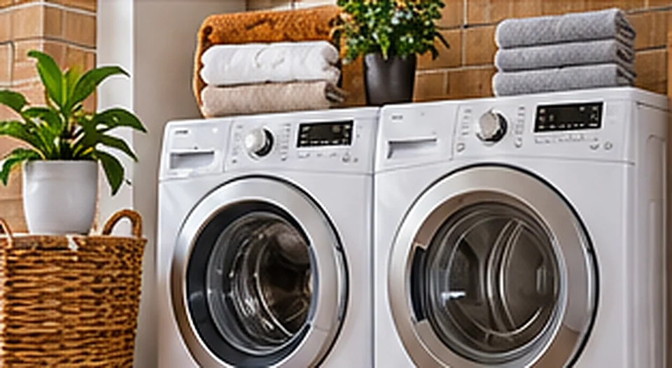 Fresh, tidy laundry area with washer dryer and neatly folded linens