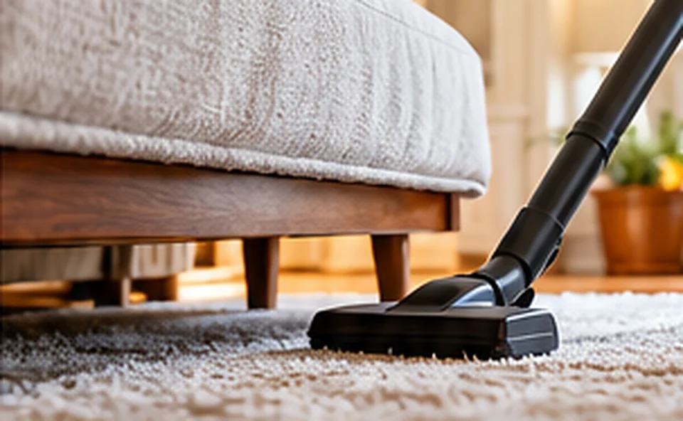 Vacuum cleaner removing tracked-in dust from a household rug beneath a sofa