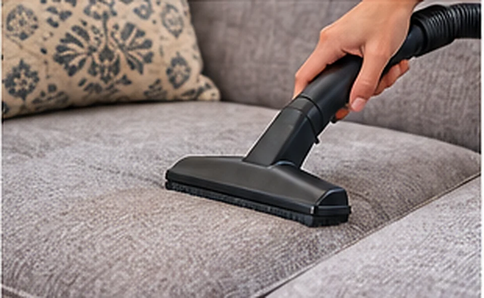 Vacuum attachment cleaning the upholstery of a gray living room sofa