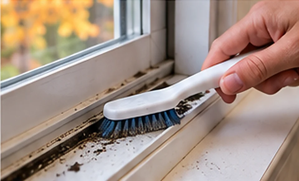 Window tracks being carefully scrubbed to remove seasonal dust and debris