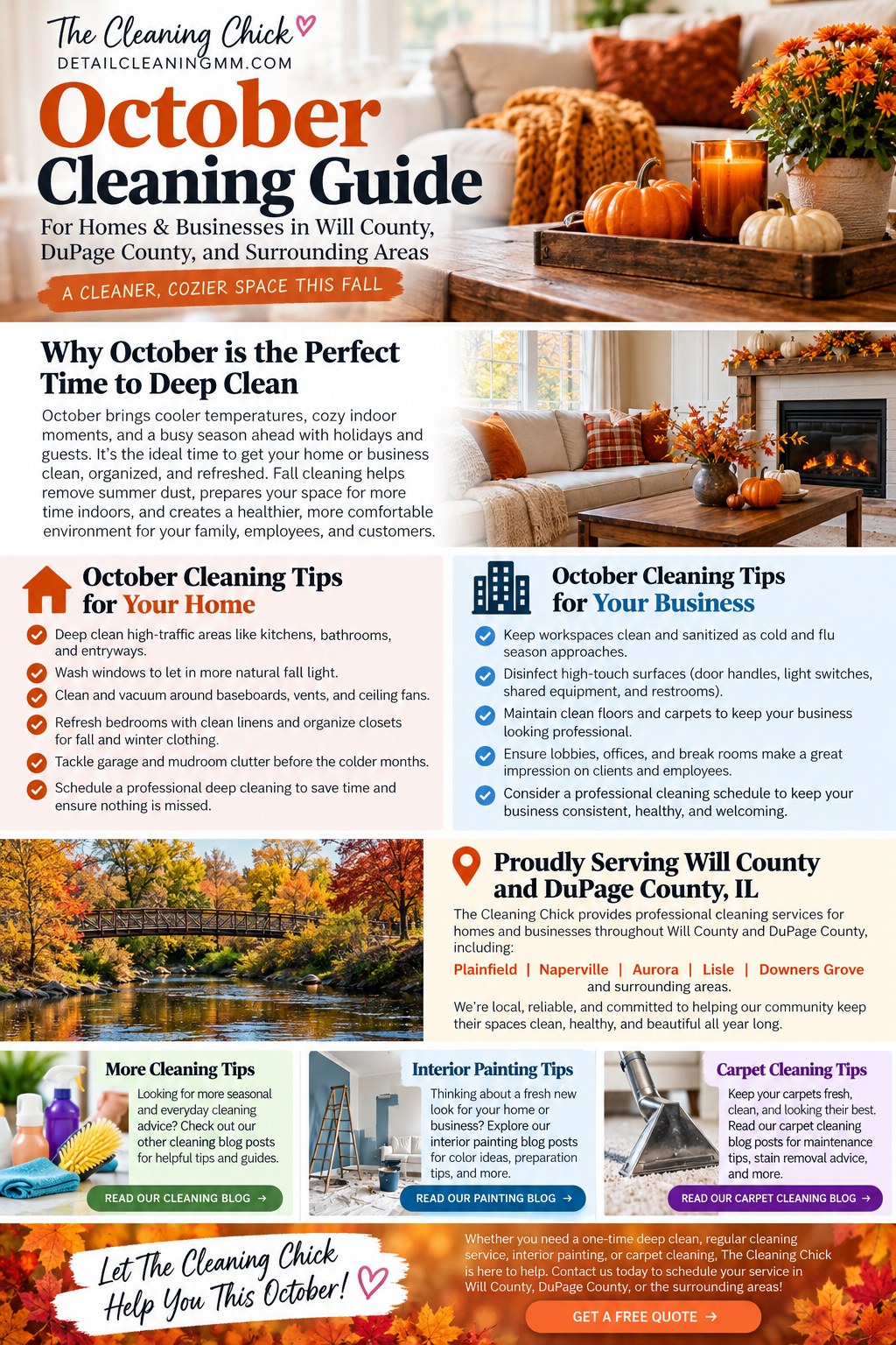 Illustrated October cleaning guide showing home, business, and fall cleaning checklist ideas