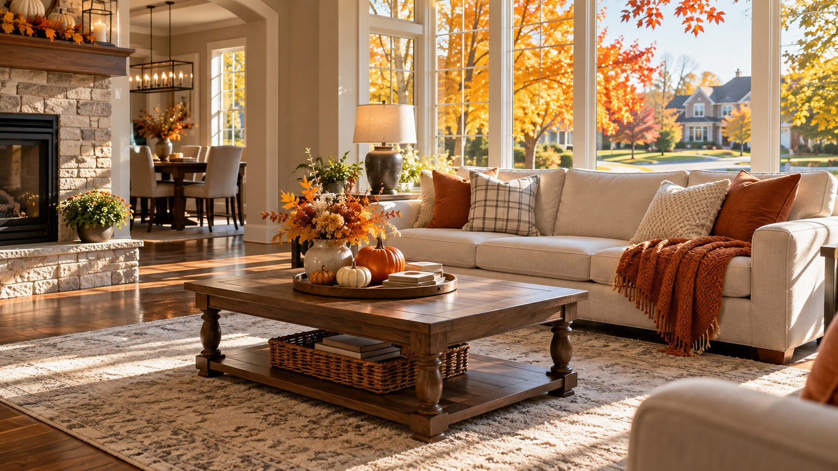 Clean, cozy suburban Illinois living room with autumn accents and fall foliage outside
